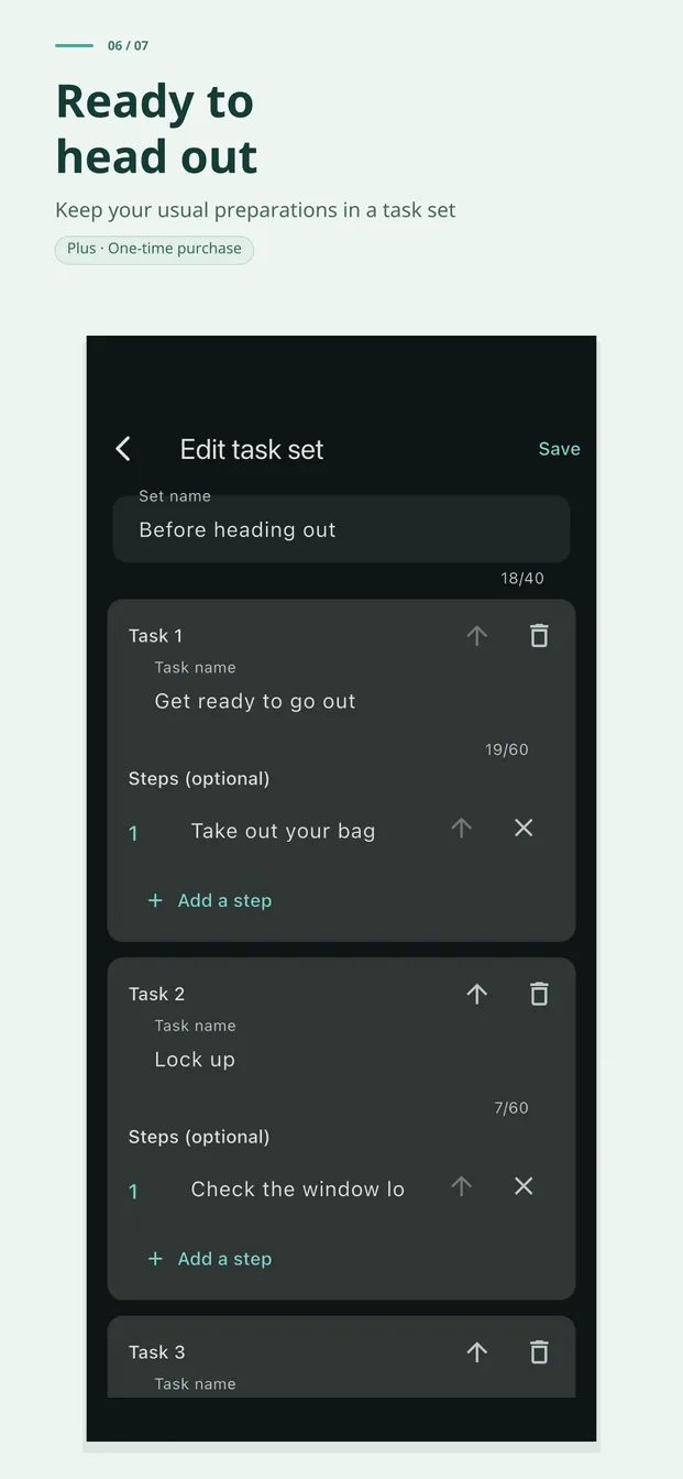 Get ready to head out in one go with a task set (Plus)