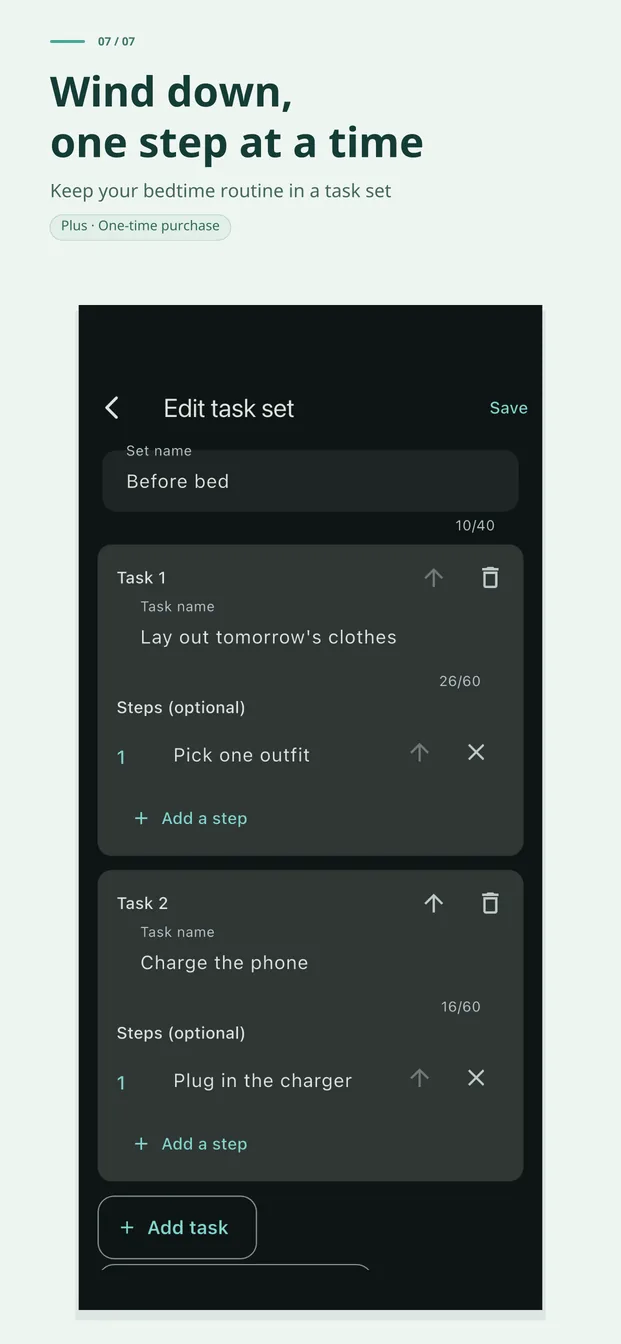 Bedtime, one thing at a time, with a night-routine task set (Plus)