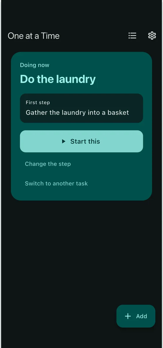 Home screen showing a single task and its first step under “Doing now”