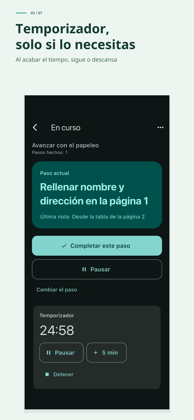 Temporizador solo si lo necesitas. Al acabar el tiempo, sigue o descansa