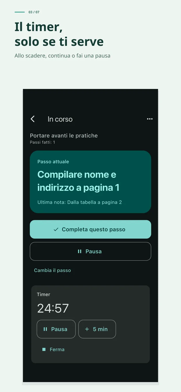 Il timer solo se ti serve. Allo scadere puoi continuare o riposarti